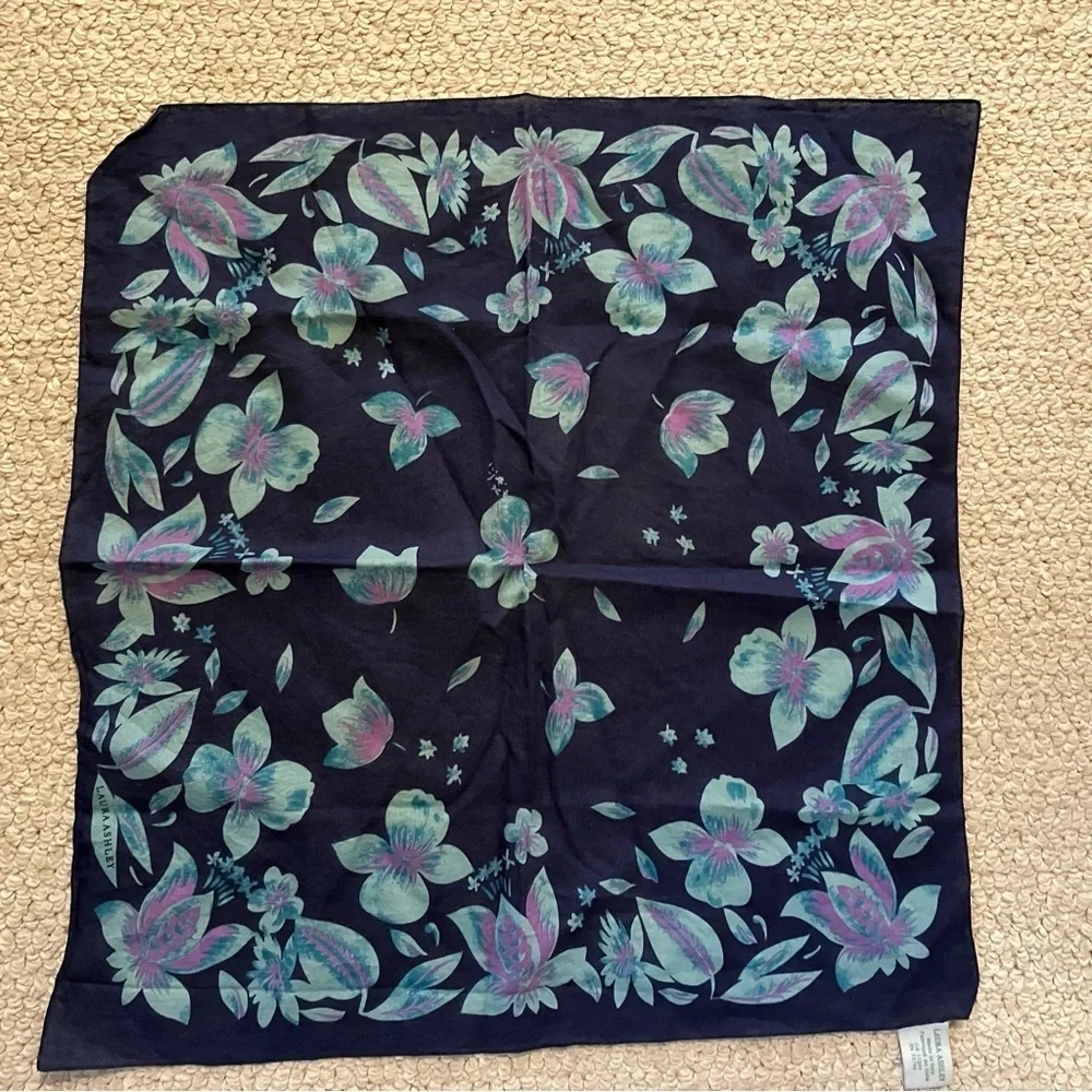 VTG Laura Ashley Italian Cotton Navy Blue Floral Square Scarf Cottagecore 19.5in